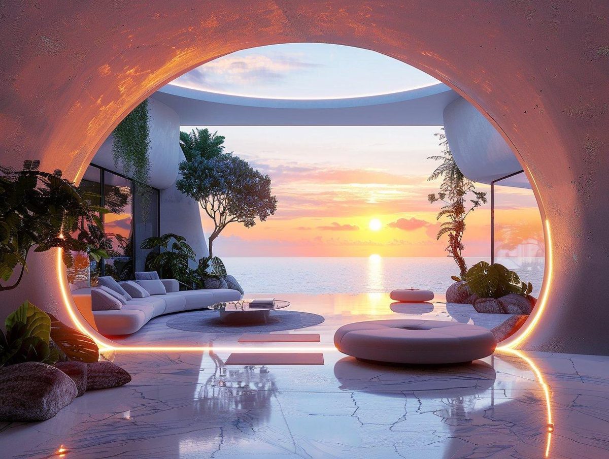 A pink-lit island lounge overlooking the ocean after dark