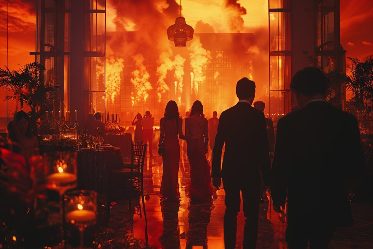 Masquerade guests approach an extravagant gala illuminated by fire