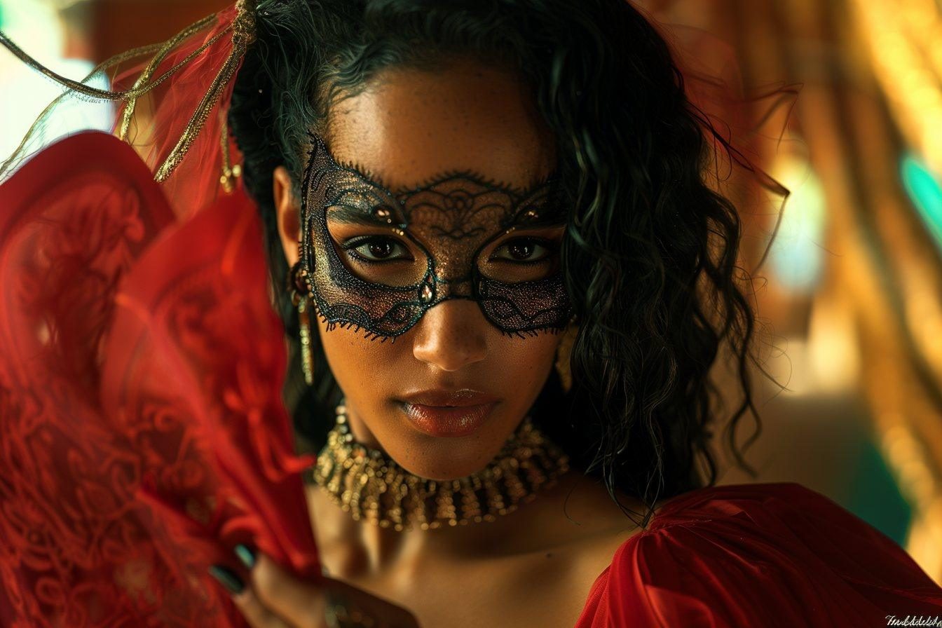 Sophia in a lace masquerade mask, holding a red fan