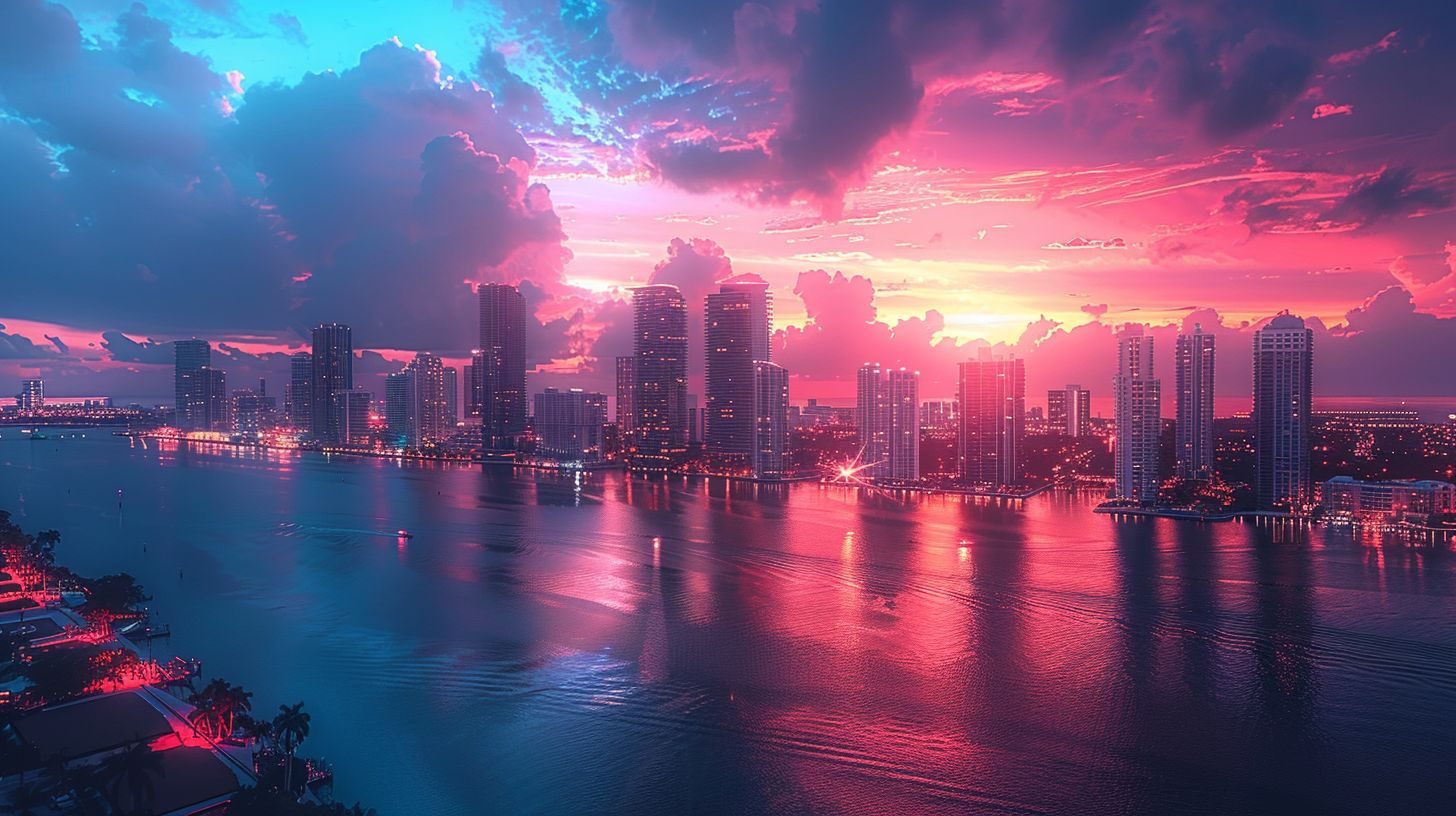 Miami at dusk in 2043, towers and surveillance lights