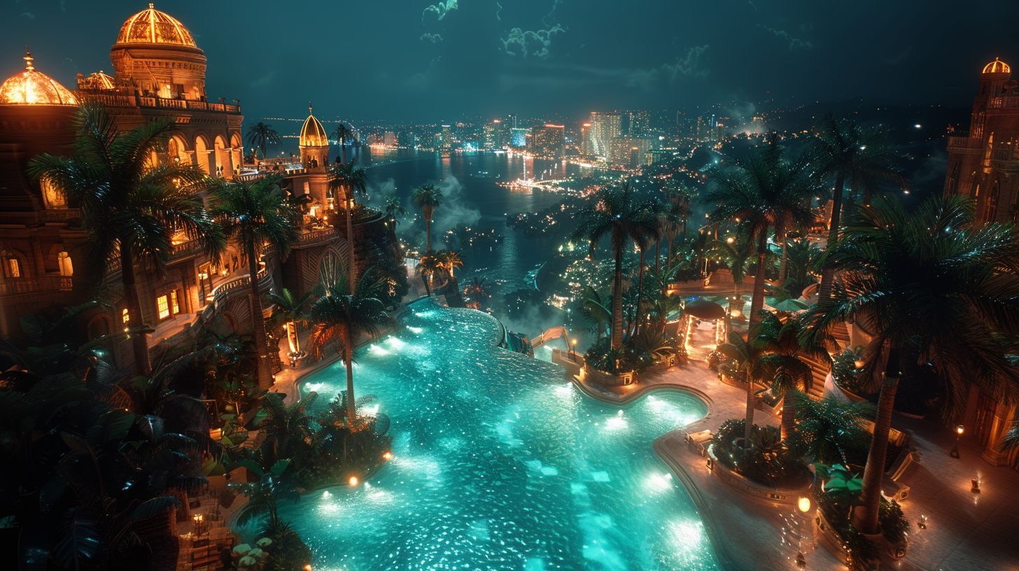 A luxury island resort lit at night